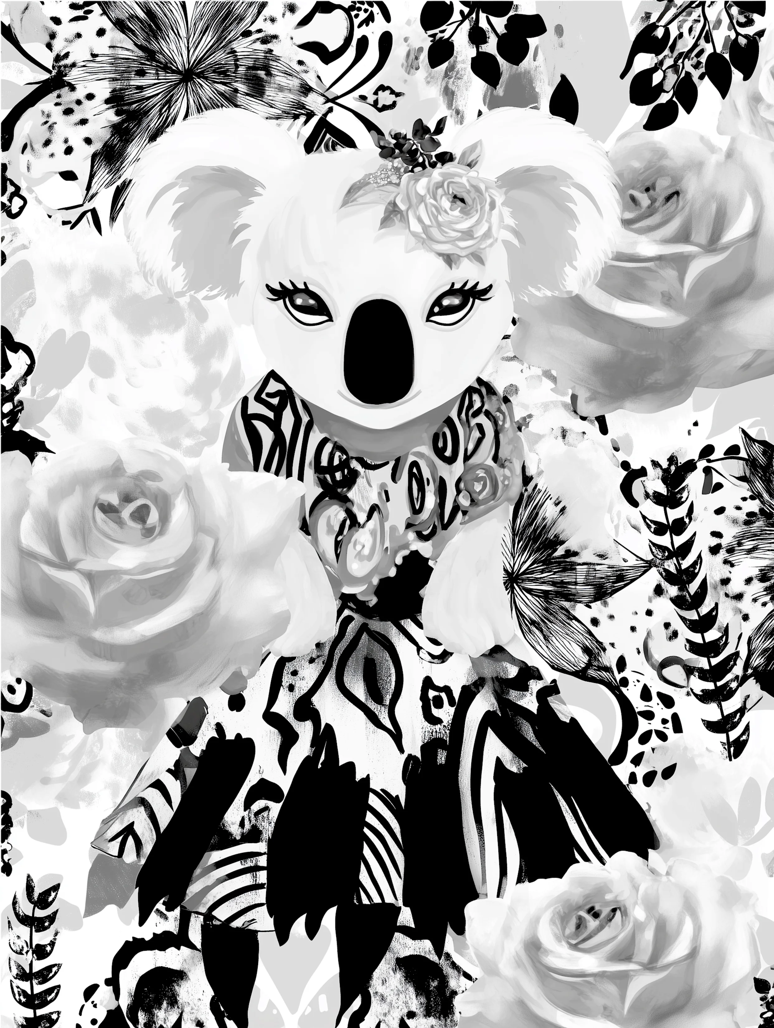 Free printable koala coloring page for adults featuring dressy koala